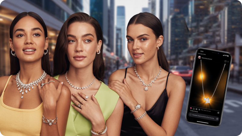 Trois mannequins portant colliers, bagues et bracelets de diamants dans une rue, à côté d’un téléphone affichant une publication sociale avec un pendentif