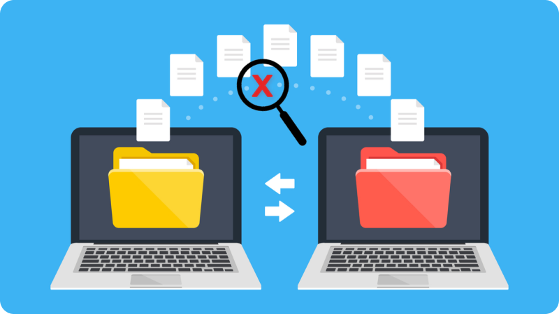 Illustration of two laptops, one with a yellow folder and the other with a red folder, representing data migration. Files are shown transferring from the yellow folder to the red folder,