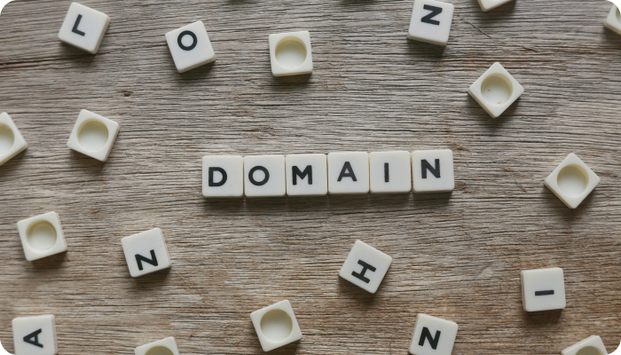 A set of scattered letter tiles on a wooden surface, forming the word "DOMAIN" in the center.