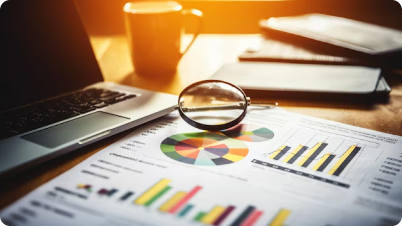 A magnifying glass on top of a laptop computer screen. Financial analysis concept.