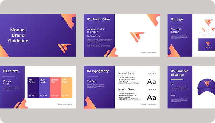 A six-slide manual brand guideline document featuring a purple and orange color scheme, detailing brand value, logo, color palette, typography, and examples of usage.