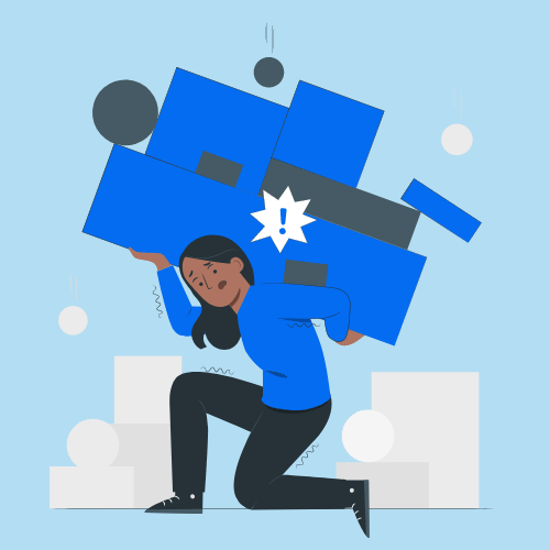 Illustration of a person struggling to carry an oversized, disorganized stack of boxes, symbolizing being overwhelmed or burdened.