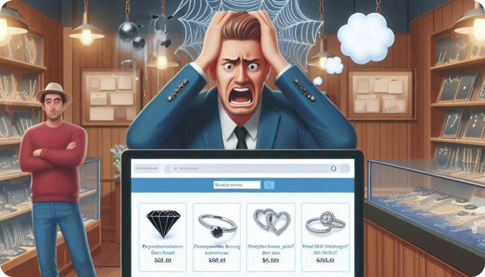 Illustration of a frustrated jewelry store owner holding his head in despair with a cobweb-covered store and an online jewelry shop screen in front of him showing poorly performing sales.