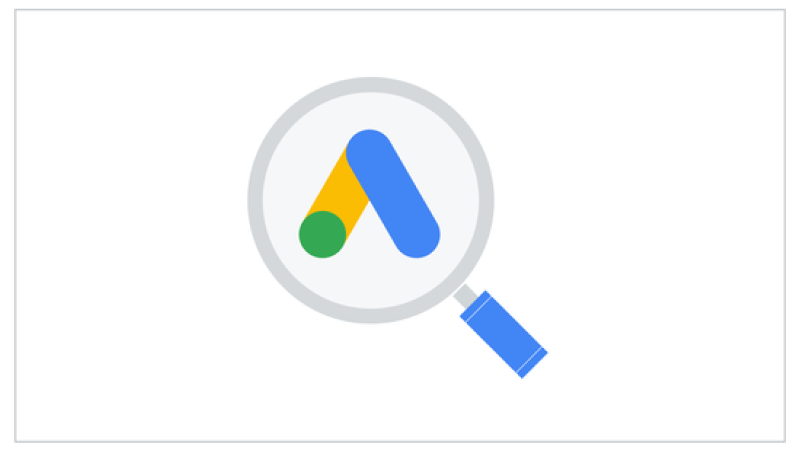 Google Ads logo magnified by a magnifying glass, emphasizing the concept of search and analysis within Google Ads.