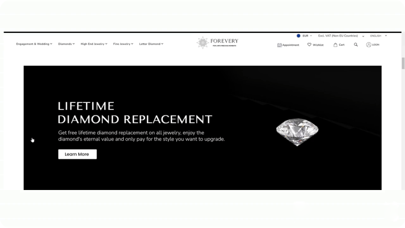 Website banner for lifetime diamond replacement service with a diamond image and a 'Learn More' button.