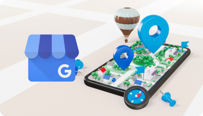 Google My Business logo next to a 3D map with location pins, a compass, and a hot air balloon on a mobile device.