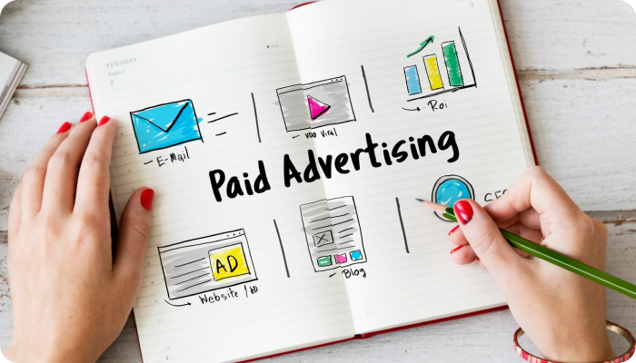 Notebook with doodles representing email, video, ROI, website ads, and blogs, titled 'Paid Advertising', with a person's hands holding the notebook and a green pencil.