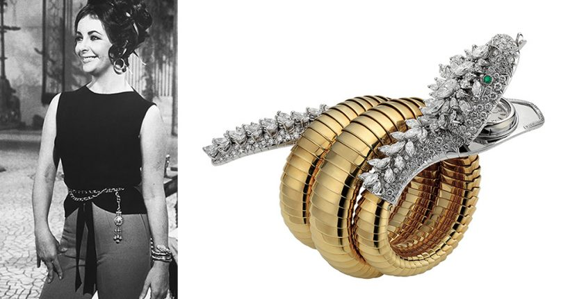 Black and white photo of Elizabeth Taylor smiling in a stylish outfit, paired with a color image of a luxurious Bulgari Serpenti watch featuring a gold and diamond snake design.