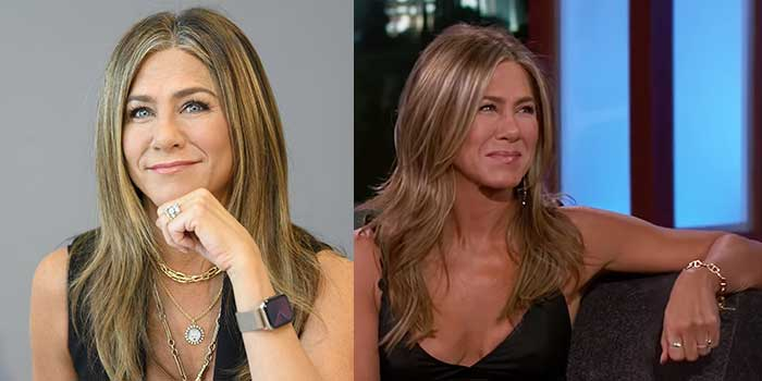Side-by-side images of a woman with long, highlighted hair: on the left, she is wearing layered necklaces and a black top, resting her chin on her hand; on the right, she is wearing a black sleeveless dress and sitting on a talk show set
