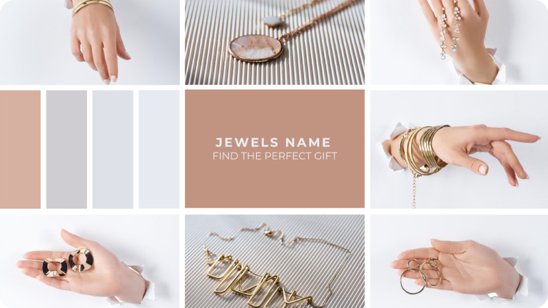 A collage of various jewelry pieces including bracelets, necklaces, and earrings, with a central text block that reads 'Jewels Name - Find the Perfect Gift.' The image features a neutral color palette with shades of beige and gray