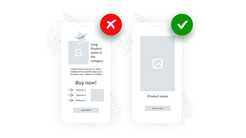Comparison of a poorly designed mobile product page on the left with cluttered text and a well-designed mobile product page on the right with a simple layout.