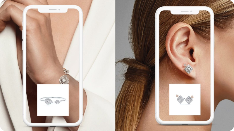 Two images showing a mobile phone screen displaying jewelry on a model: the left image features a bracelet on a wrist, and the right image shows earrings on an ear, highlighting the jewelry pieces in an augmented reality setting.