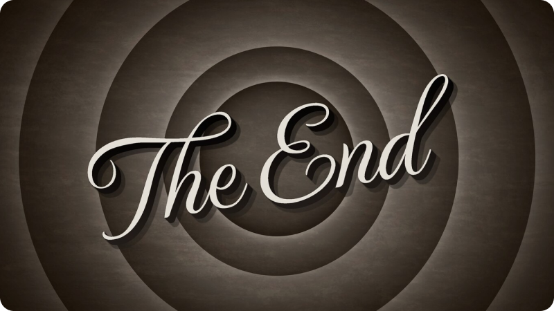 A vintage-style 'The End' graphic with concentric circles in the background.