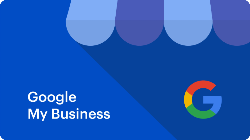 Google My Business logo with a blue storefront icon and the Google logo on a blue background.