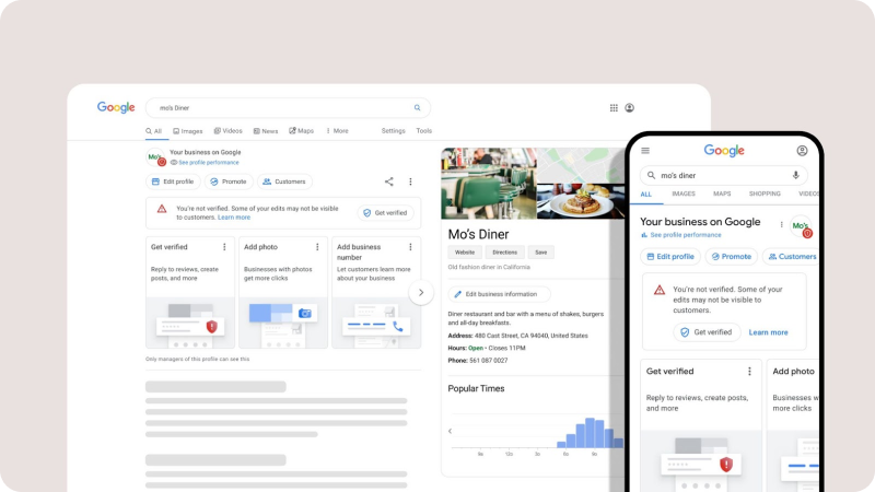 Google My Business interface showing a search result for Mo's Diner on desktop and mobile screens, including business information, profile management options, and customer interaction features.