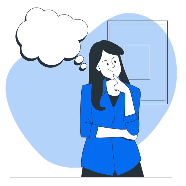 Illustration of a woman in a blue shirt, thinking with a hand on her chin and a blank thought bubble above her head, symbolizing contemplation or brainstorming.