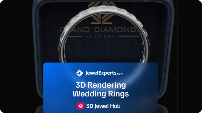 Wedding ring in box with JewelExperts.com 3D rendering advertisement