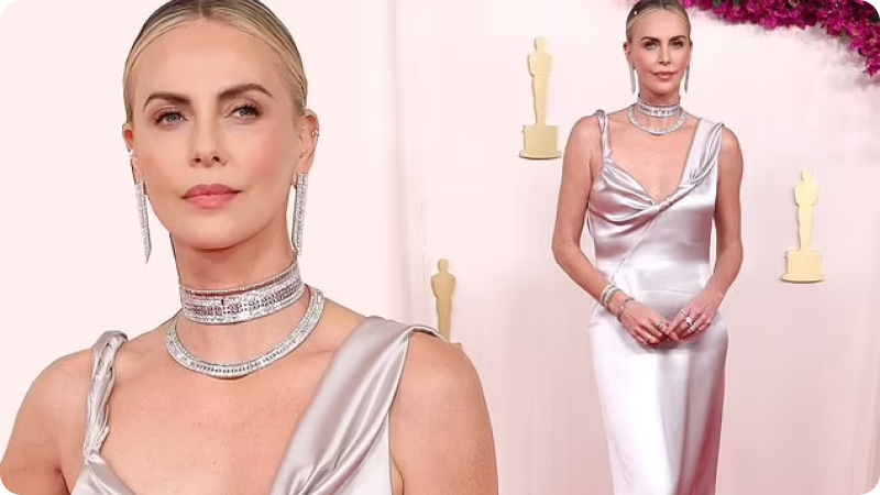 Charlize Theron wearing an elegant silver gown and diamond jewelry, posing at an event or awards ceremony with an Oscar statuette in the background.