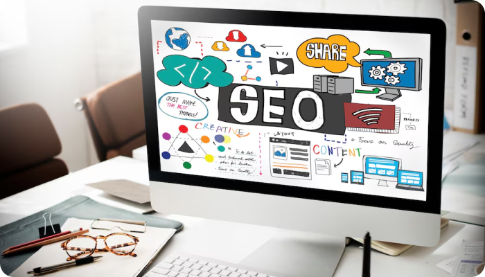 Computer monitor displaying a colorful and creative illustration related to SEO (Search Engine Optimization), featuring various icons, diagrams, and text elements representing aspects such as keywords, content, creative processes, and social sharing.