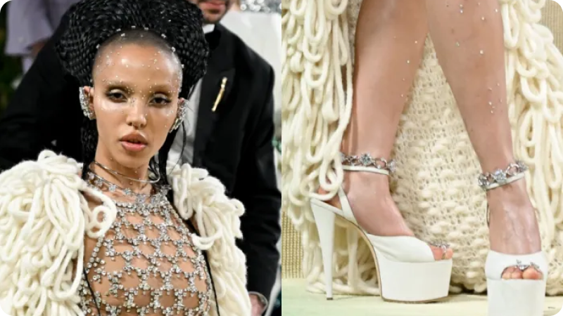 A split image featuring a woman with an elaborate braided hairstyle and dramatic makeup, wearing a detailed, sheer outfit adorned with sparkling embellishments and a textured, off-white coat. The second part of the image shows a close-up of her feet, showcasing white platform heels with jeweled ankle straps, complementing her avant-garde ensemble.