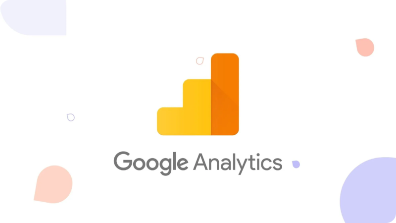 Google Analytics logo on a white background with abstract shapes.