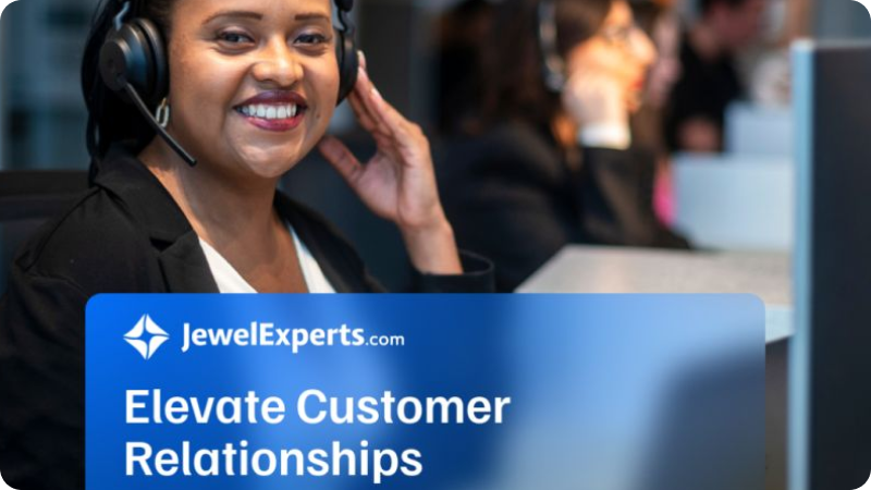 Smiling customer service representative wearing a headset, with the JewelExperts.com logo and the text 'Elevate Customer Relationships' in the foreground.