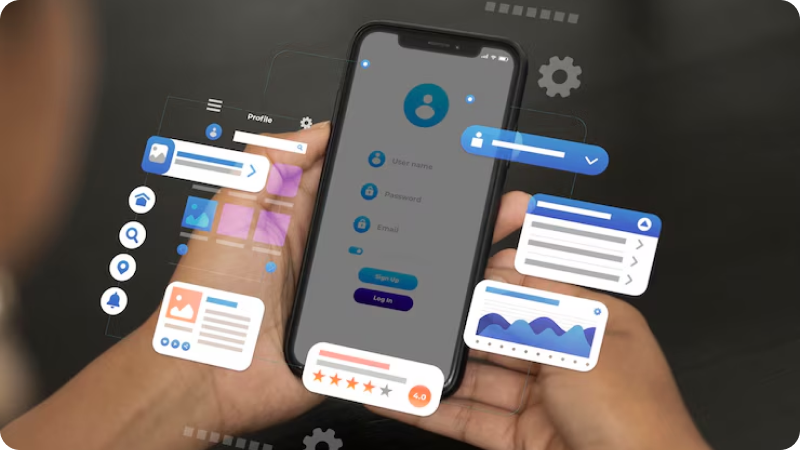 A person holding a smartphone with a digital interface displayed on the screen. Surrounding the phone are floating holographic icons and windows, depicting various app functionalities such as profile settings, user ratings, charts, notifications, and social media interactions. The background is dark, emphasizing the vibrant, interactive elements of the digital interface.