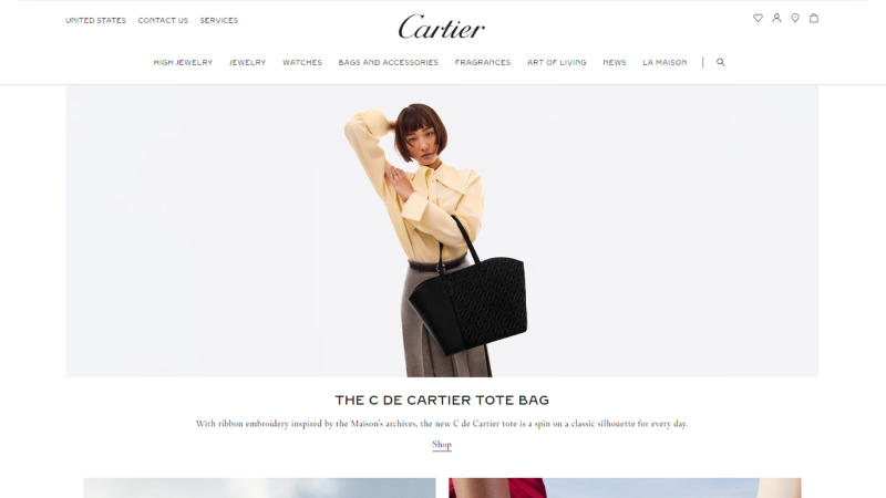 A Cartier webpage featuring a model holding the C de Cartier tote bag, with a description highlighting the ribbon embroidery inspired by the Maison's archives and a link to shop the tote bag