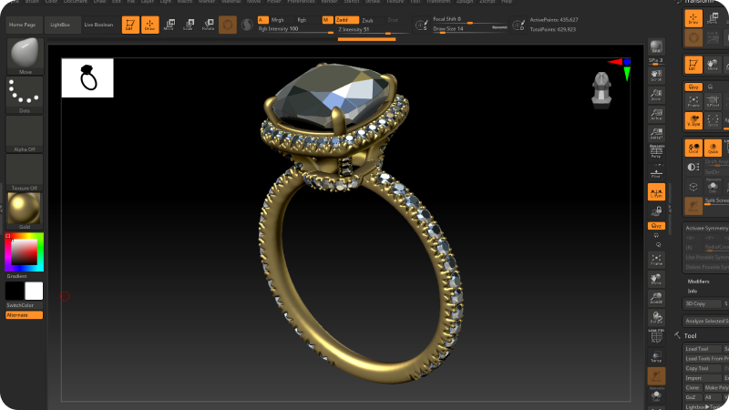 3D modeling software interface showing diamond ring design