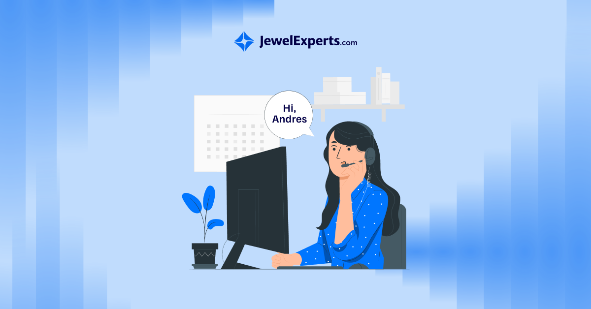 Illustration of a customer service representative for JewelExperts.com. A woman with long dark hair wearing a blue polka dot shirt sits at a desk with a computer monitor, headset, and plant. A speech bubble says 'Hi, Andres'. The background shows a stylized office setting with a calendar and cityscape.