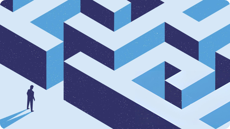 Illustration of a person standing at the entrance of a large, complex maze