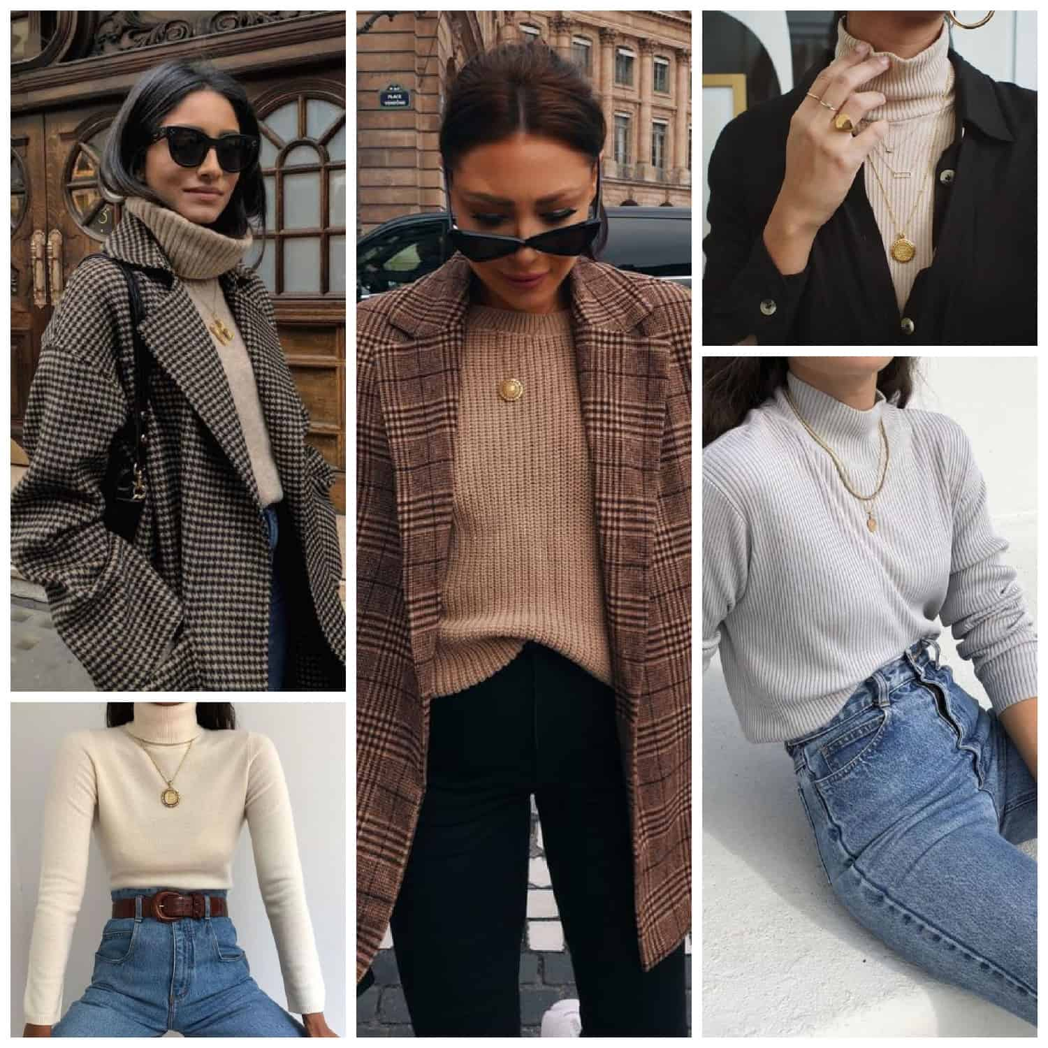 Collage of stylish women wearing turtleneck sweaters paired with various coats and accessories: a houndstooth coat, a plaid coat, a black jacket, and casual jeans, each accessorized with sunglasses and gold necklaces.