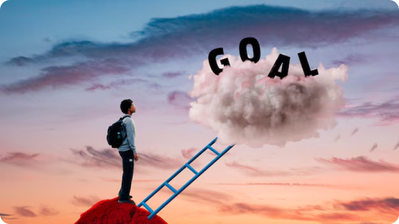 Person with a backpack standing on a red mound, looking up at a cloud with the word 'GOAL' written on it, with a blue ladder leading up to the cloud against a colorful sunrise or sunset sky.
