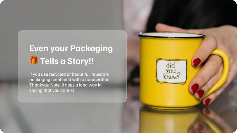 Yellow cup and glass morphism displaying the text 'Even your packaging tells a story'