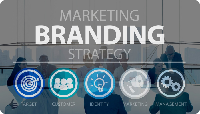 Corporate office with text displayed over 'Marketing Branding Strategy'