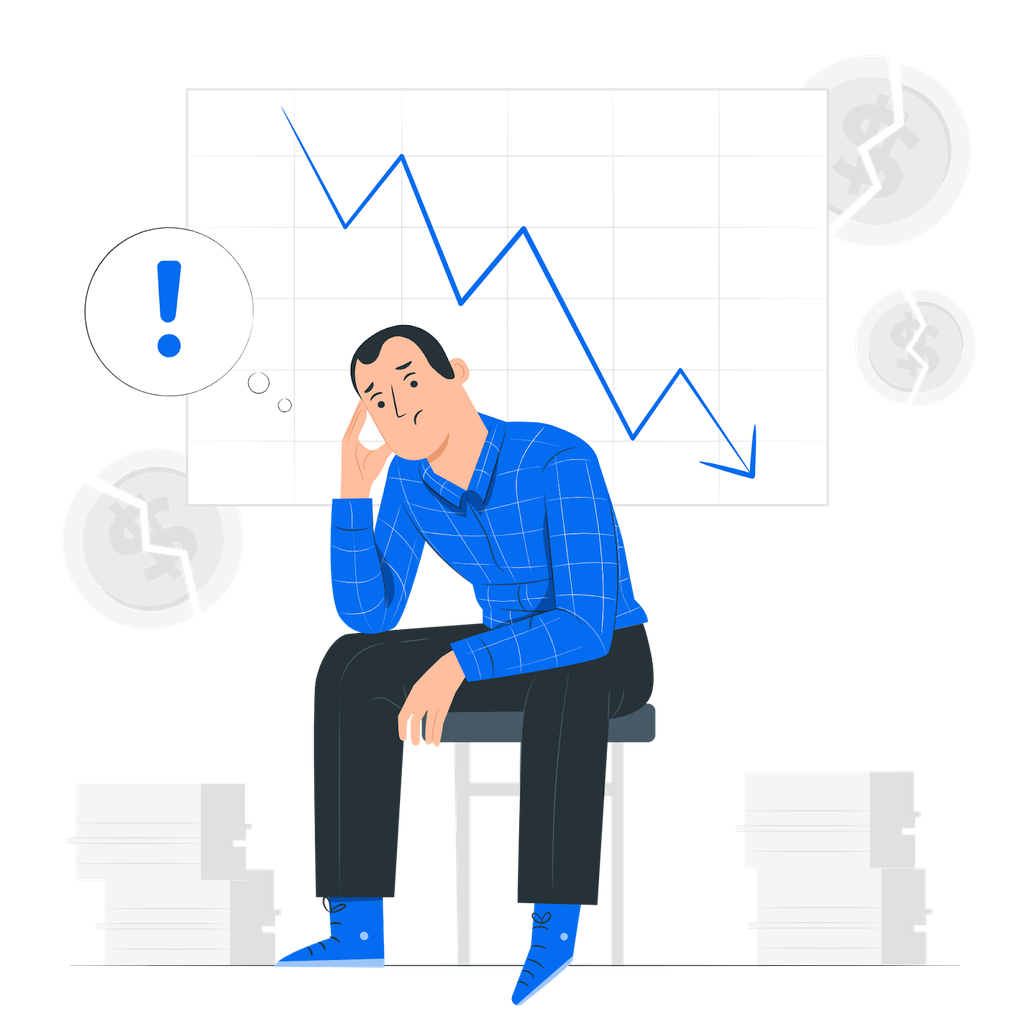 Illustration of a worried man sitting on a chair, with a downward-trending graph in the background and broken currency symbols, symbolizing financial loss or business decline
