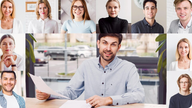A group photo collage of diverse team members, with a central image of a man sitting at a desk holding papers, surrounded by individual portraits of team members smiling and looking professional.