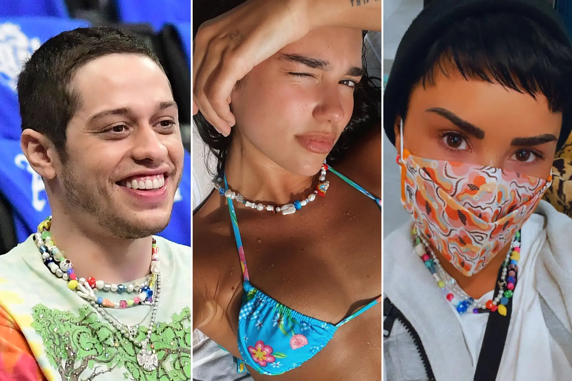 Collage of three individuals wearing colorful beaded necklaces: a man smiling in a tie-dye shirt, a woman winking while wearing a blue floral bikini top, and a person wearing a patterned face mask and a black beanie