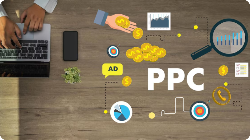 Wooden table with icons and illustrations related to PPC advertising, including coins, pie chart, magnifying glass with bar graph, target, and mobile phone, with a person typing on a laptop on the left side.