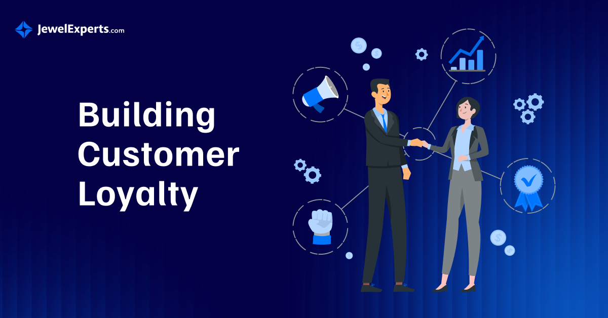 Illustration titled 'Building Customer Loyalty' showing two businesspeople shaking hands with icons representing communication, growth, and quality around them