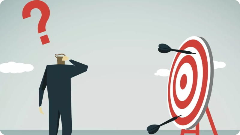 Illustration of a person scratching their head in confusion, looking at a target with darts, with a large red question mark above their head.