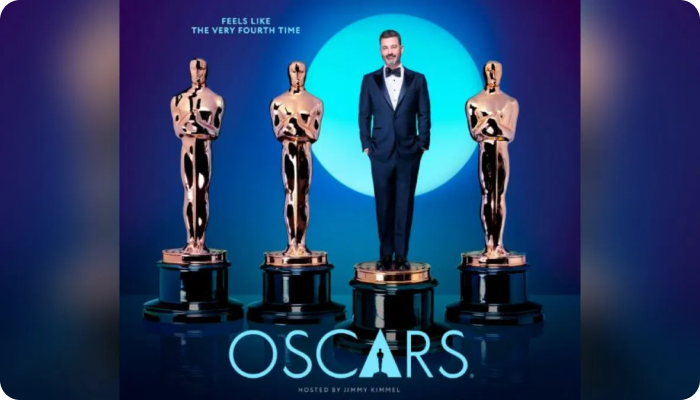 Promotional image for the Oscars featuring Jimmy Kimmel standing among four large Oscar statuettes, with the tagline 'Feels like the very fourth time' and the text 'Oscars hosted by Jimmy Kimmel' at the bottom.