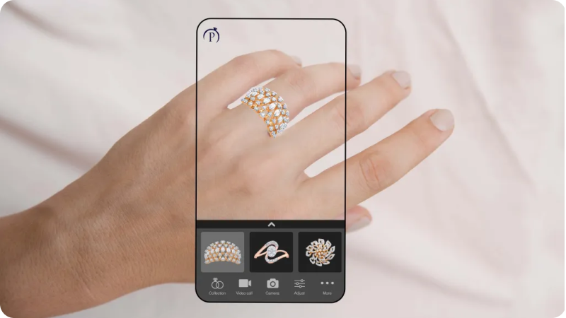 Hand wearing diamond ring, viewed through smartphone AR jewelry app.