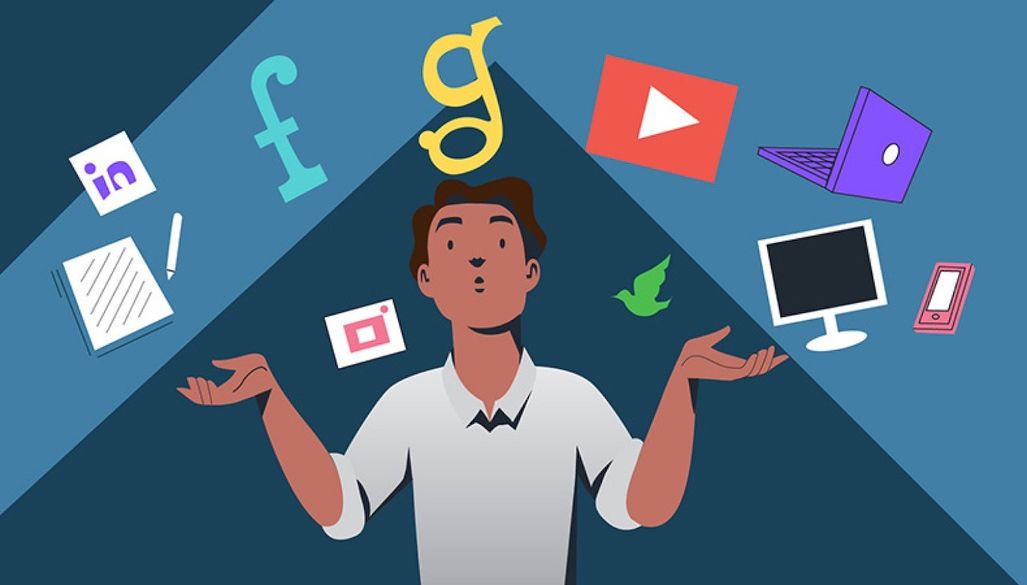 Illustration of a person juggling various digital media and technology icons. The person is wearing a white shirt and has their arms outstretched. Around them are icons representing social media, video platforms, documents, computers, and mobile devices, floating against a dark blue background.