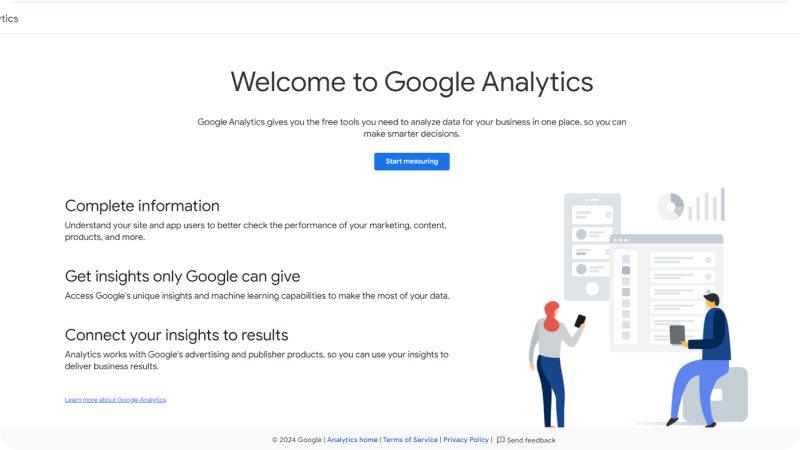 Welcome page of Google Analytics featuring a start measuring button, and text explaining the benefits of using Google Analytics with illustrations of people analyzing data.