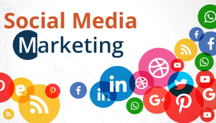 Graphic showing the text 'Social Media Marketing' with various social media icons, including Facebook, LinkedIn, Twitter, Pinterest, Instagram, YouTube, and others.