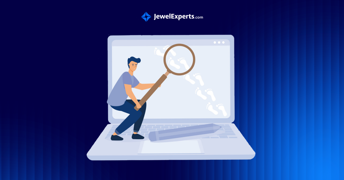 A person with a magnifying glass on a laptop
