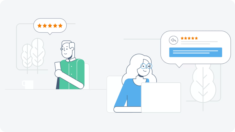 Illustration of a man and a woman giving and reading five-star reviews, with speech bubbles displaying star ratings.