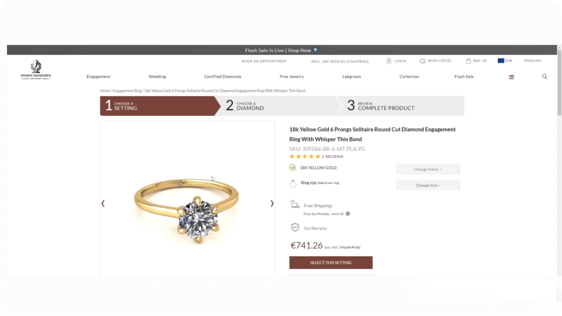 Online product page for an 18k yellow gold diamond engagement ring with options to choose setting, diamond, and review the complete product.