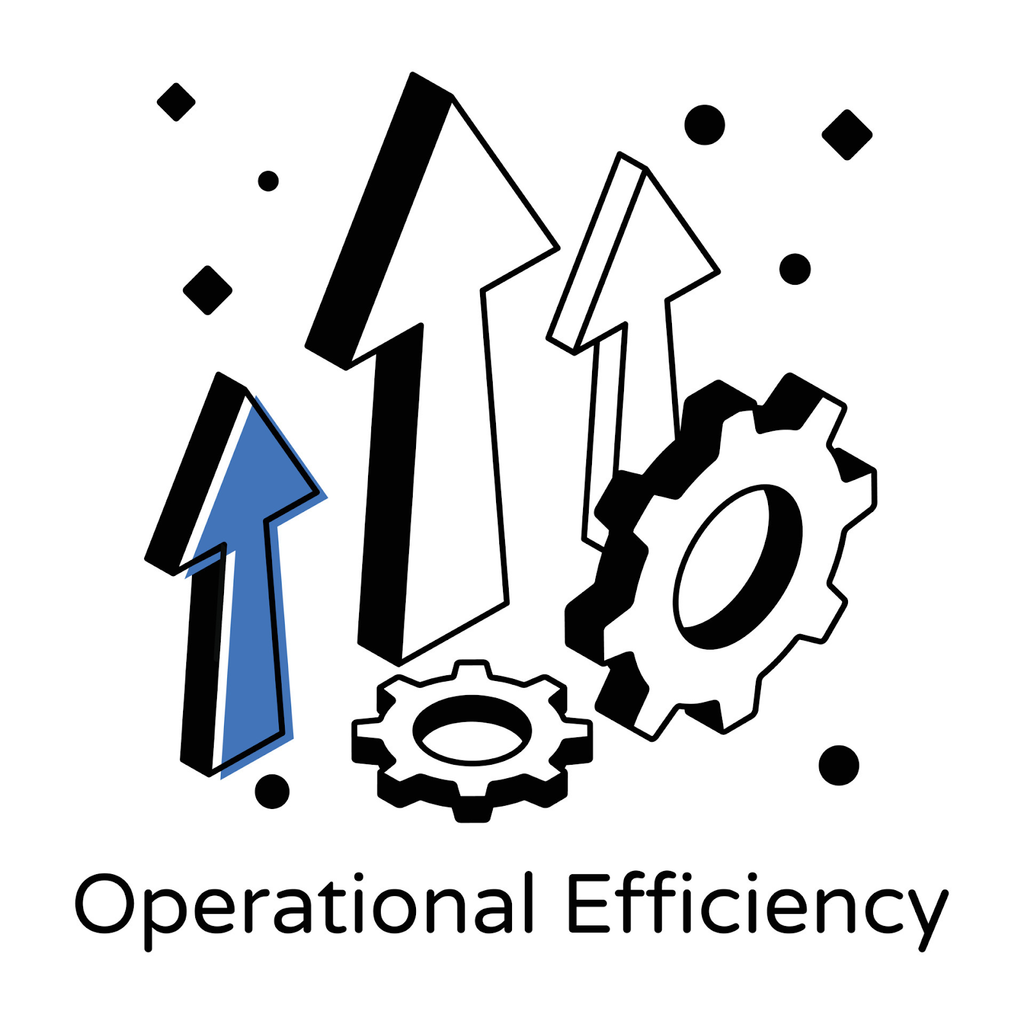 Illustration depicting operational efficiency with upward-pointing arrows and gears, symbolizing growth and productivity, accompanied by the text 'Operational Efficiency